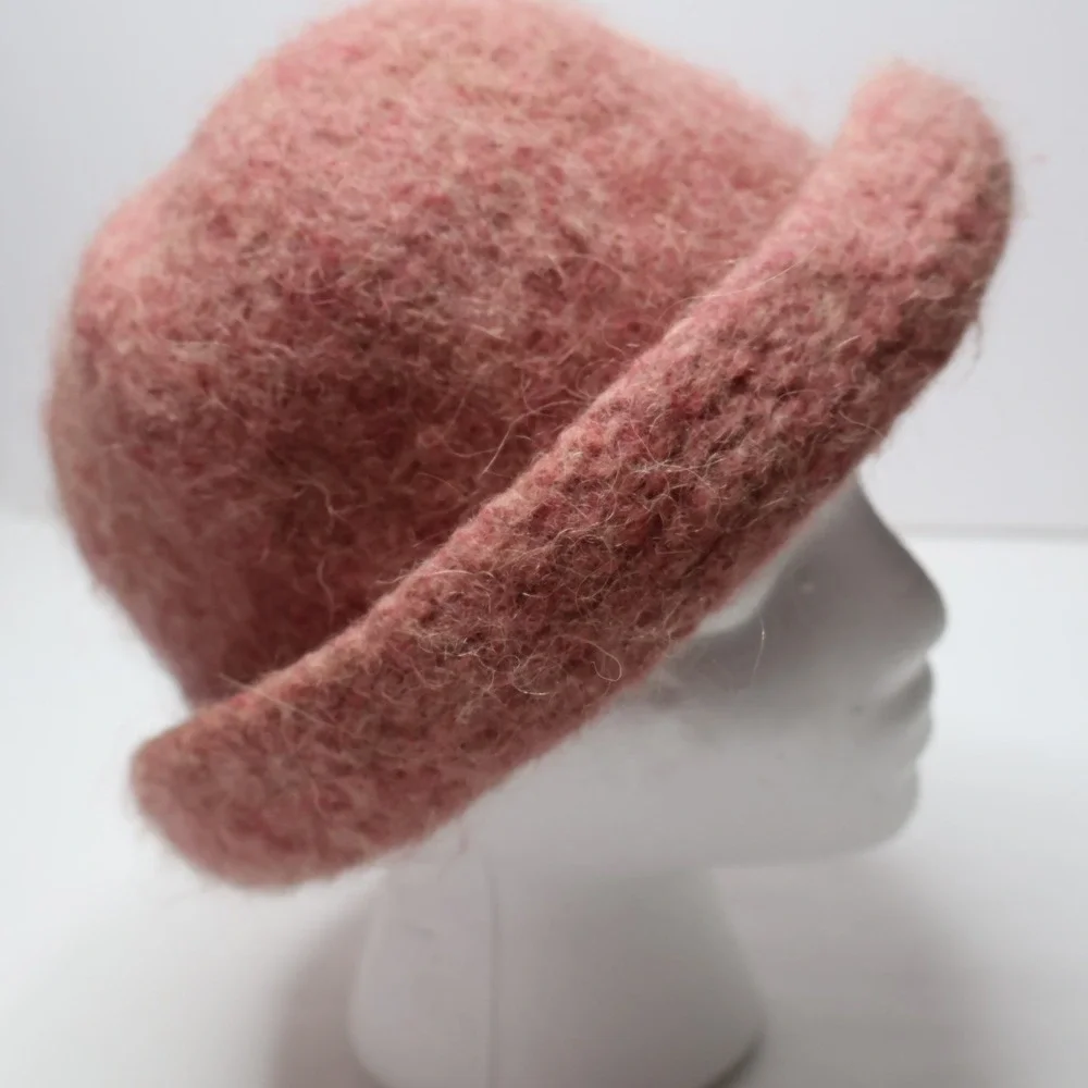 Handmade Pink Felted Fuzzy Wool Crochet Hat Bumper Brim Mod‎ Classic Luxurious